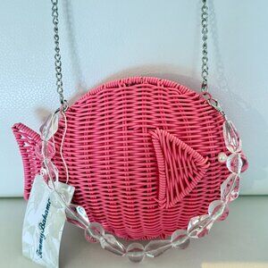 TOMMY BAHAMA PINK WOVEN WICKER FISH PURSE CLUTCH CROSSBODY BAG